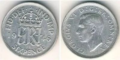 Лот: 8649555. Фото: 1. 6 пенсов Великобритания 1946г... Великобритания и острова