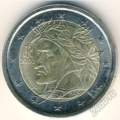 Лот: 5946396. Фото: 1. 2 евро 2002 г Италия Данте Алигьери. Европа