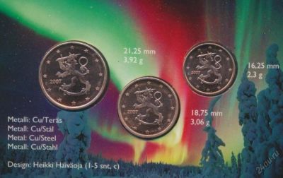 Лот: 5897319. Фото: 1. Финляндия Набор 1, 2, 5 евро 2007... Наборы монет