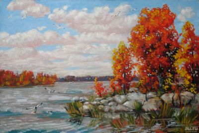 Лот: 18130779. Фото: 1. Картина "На озере осень" художник... Другое (живопись, скульптура, фото)
