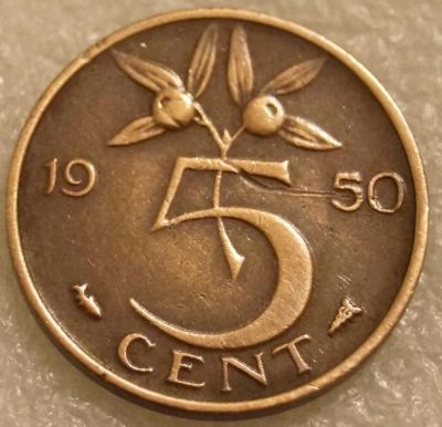 Лот: 7804497. Фото: 1. 5 центов 1950 Нидерланды. Европа