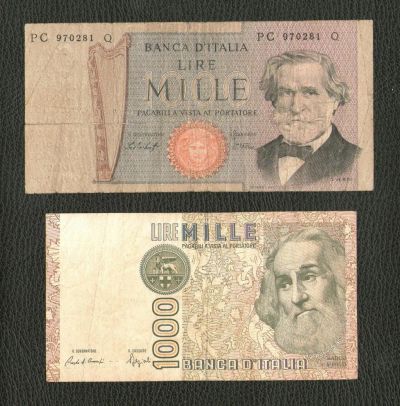 Лот: 11503315. Фото: 1. Банкноты Италии 1000 лир (2 шт... Европа