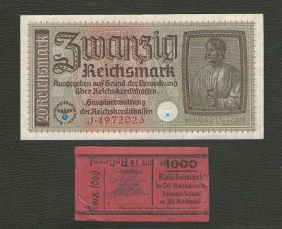 Лот: 10168193. Фото: 1. 20 рейхсмарок (+ корешок). Германия... Германия и Австрия
