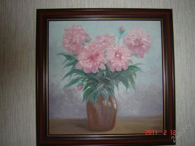Лот: 787187. Фото: 1. Картина "Пиончики" х.м. 40*40. Картины, гравюры