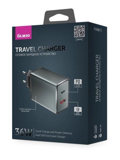 Лот: 22146495. Фото: 1. СЗУ OLMIO USB-C PD+USB-A 38W grey. Зарядные устройства, блоки питания, адаптеры сетевые для смартфонов