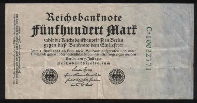 Лот: 25806690. Фото: 1. Банкнота Германии 500 марок 1923. Германия и Австрия