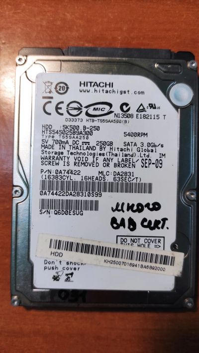 Лот: 21134353. Фото: 1. Жесткий диск Hitachi 5K500. B-250... Жёсткие диски