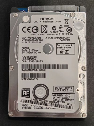 Лот: 25588320. Фото: 1. Жесткий диск Hitachi 500gb 2.5... Жёсткие диски (HDD)
