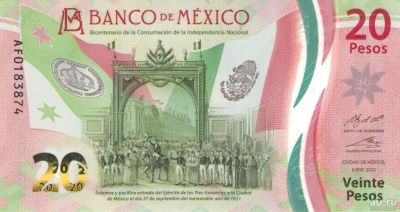 Лот: 18254698. Фото: 1. Мексика 20 песо 2021 год полимерная... Америка