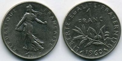 Лот: 9125422. Фото: 1. Монета Франции 1 франк 1960-1975... Европа