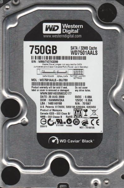 Лот: 4856093. Фото: 1. Жесткий диск WD 750Gb (WD7501AALS... Жёсткие диски (HDD)