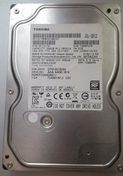 Лот: 5414685. Фото: 1. Жесткий диск Toshiba ''DT01ACA050... Жёсткие диски (HDD)