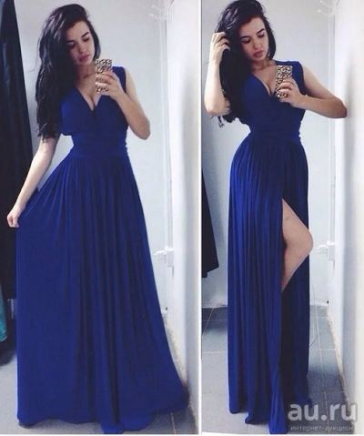 Лот: 8529024. Фото: 1. Платье вечернее синее с декольте... Платья