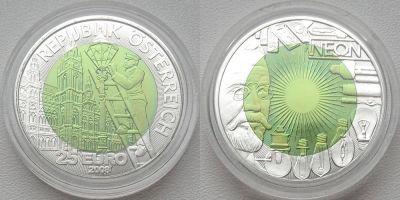 Лот: 10665157. Фото: 1. Монета из серебра и ниобия - 25... Германия и Австрия