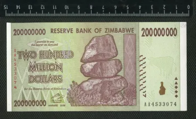 Лот: 25886686. Фото: 1. Зимбабве 200 000 000 долларов... Африка