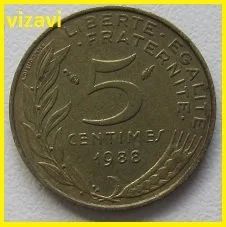 Лот: 15986063. Фото: 1. Франция 5 сантимов 1988. Европа