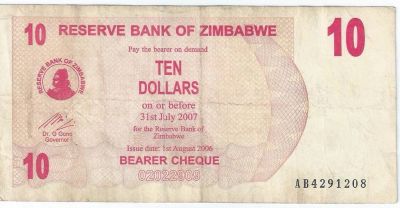 Лот: 14986933. Фото: 1. 10 долларов 2008 г. Зимбабве. Африка