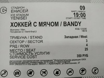 Лот: 13342095. Фото: 1. 1 билет на хоккей с мячом полуфинал... Развлечения, мероприятия