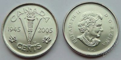 Лот: 1535850. Фото: 1. Канада 5 центов 2005 г. (юбилейные... Америка