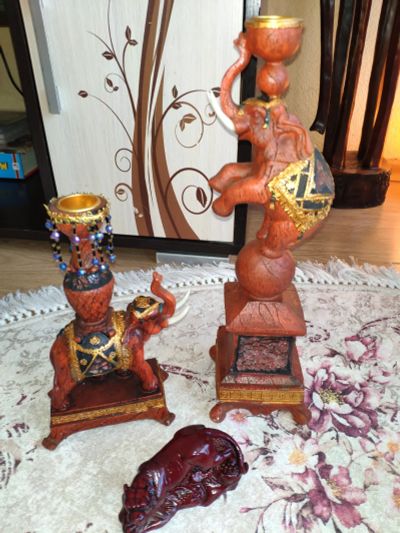 Лот: 15863855. Фото: 1. Подсвечники слоны + тигр на монетах... Фигурки, статуэтки