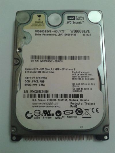 Лот: 3602690. Фото: 1. Жесткий диск IDE 80Gb 2,5" 5400... Жёсткие диски (HDD)