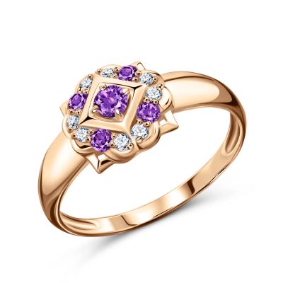 Лот: 23861413. Фото: 1. Золотое кольцо с аметистами и... Кольца, перстни