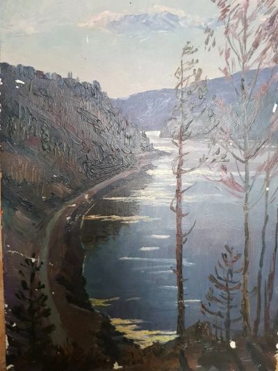Лот: 12711212. Фото: 1. Картина, дорога по берегу Енисея... Картины, гравюры