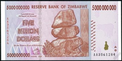 Лот: 5968910. Фото: 1. Зимбабве 5 биллионов 2008г = ПРЕСС. Африка