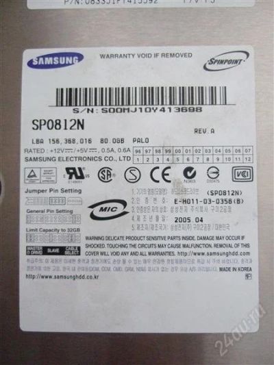 Лот: 1316388. Фото: 1. 80Gb Samsung, IDE (не рабочий). Жёсткие диски (HDD)