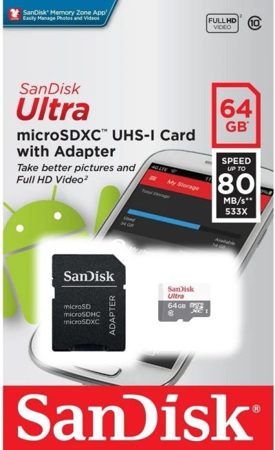 Лот: 16180947. Фото: 1. Карта памяти micro SDXC 64GB SanDisk... Карты памяти