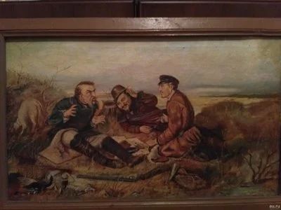 Лот: 16623691. Фото: 1. Картина маслом охотники на привале. Картины, гравюры