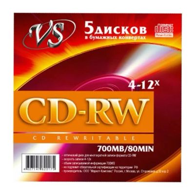 Лот: 17990894. Фото: 1. Диски VS CD-RW 80 4-12x конверт... CD, DVD, BluRay