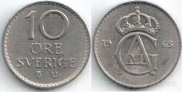 Лот: 1492840. Фото: 1. 10 оре Швеция 1963 - с рубля. Европа