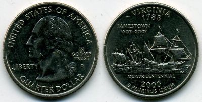 Лот: 9123729. Фото: 1. Квотер (25 центов).Virginia, 2000г... Америка
