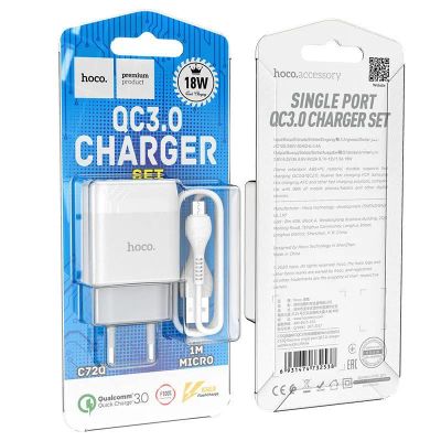 Лот: 22149707. Фото: 1. СЗУ HOCO C72Q QC 3.0 18W + MicroUSB... Зарядные устройства, блоки питания, адаптеры сетевые для смартфонов