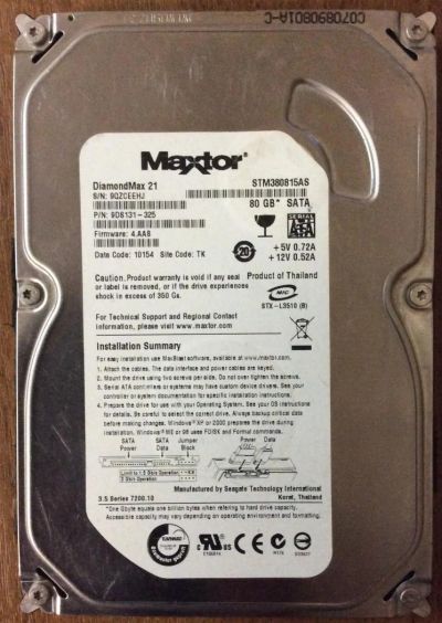 Лот: 6586882. Фото: 1. HDD Maxtor 80GB STM380815AS. Жёсткие диски (HDD)