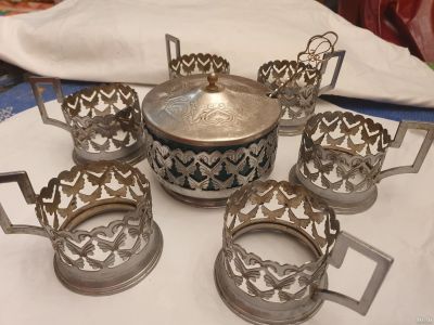 Лот: 17680595. Фото: 1. Сахарница и 6 подстаканников... Предметы интерьера и быта