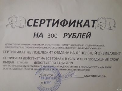 Лот: 14409684. Фото: 1. Сертификат на 300 рублей фирмы... Воздушные шары