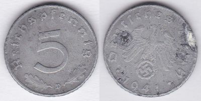 Лот: 3273788. Фото: 1. Германия 5 пфенигов 1941D. Германия и Австрия