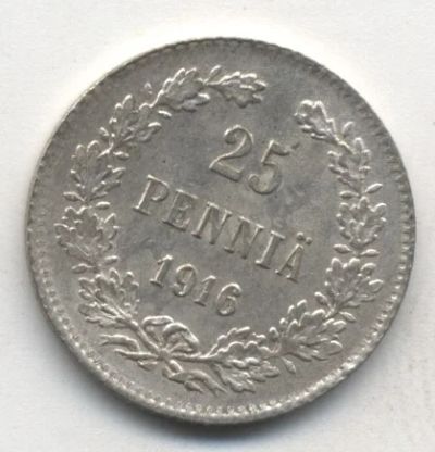 Лот: 5184433. Фото: 1. 25 пенни 1916, Финляндия, серебро... Европа