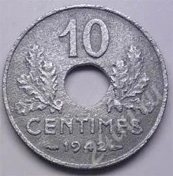 Лот: 211226. Фото: 1. Франция. 10 сантим 1942г. Цинк... Европа