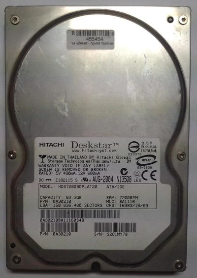 Лот: 5376989. Фото: 1. HDD / Hitachi / Model: HDS728080PLAT20... Жёсткие диски (HDD)
