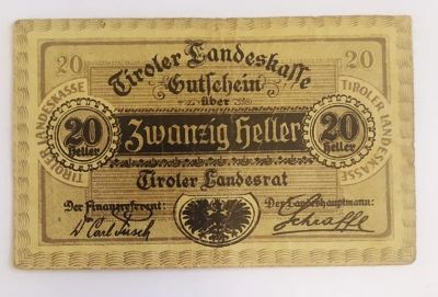 Лот: 19940944. Фото: 1. Австрия 20 геллеров 1920 Нотгельд... Частные выпуски, копии банкнот