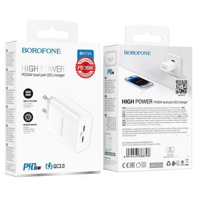 Лот: 22143604. Фото: 1. СЗУ BOROFONE BA-73A 2XUSB-C QC3... Зарядные устройства, блоки питания, адаптеры сетевые для смартфонов
