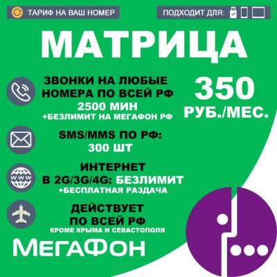Лот: 19982427. Фото: 1. Матрица Мегафон 2500 минут , безлимитные... SIM-карты, телефонные номера