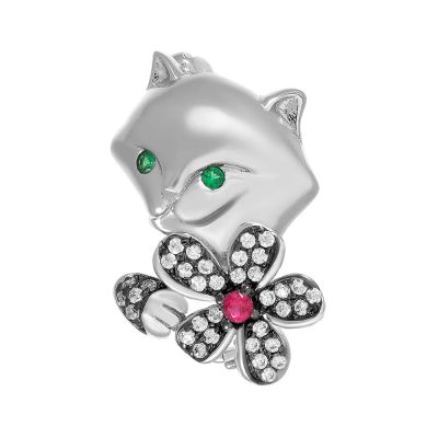 Лот: 23848576. Фото: 1. Подвеска Кошка из серебра с фианитами. Кулоны, подвески