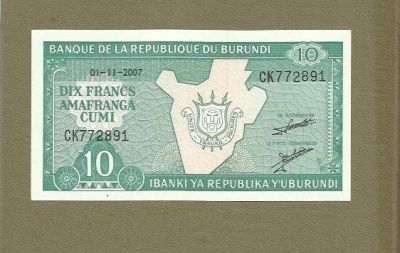 Лот: 9090618. Фото: 1. 10 франков Бурунди 2007 UNC №1. Африка