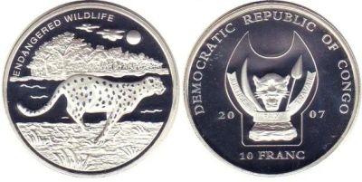 Лот: 9676853. Фото: 1. Конго 10 франков 2007 года. Гепард... Африка