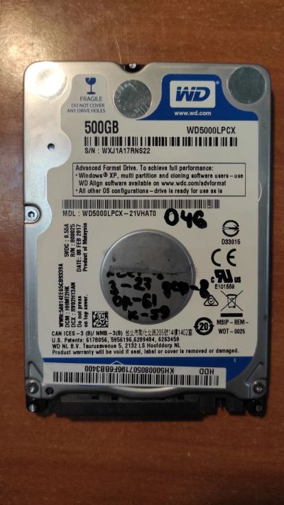 Лот: 21136803. Фото: 1. Жесткий диск WD WD5000LPCX-21VHAT0. Жёсткие диски (HDD)