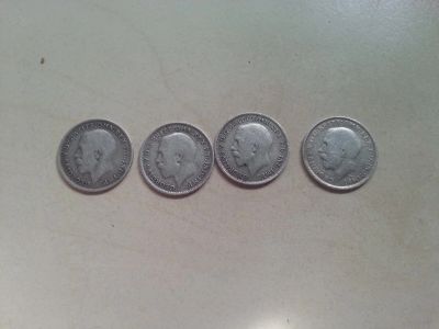 Лот: 5273888. Фото: 1. 3 пенса 1916,1917,1918,1919 серебро... Великобритания и острова